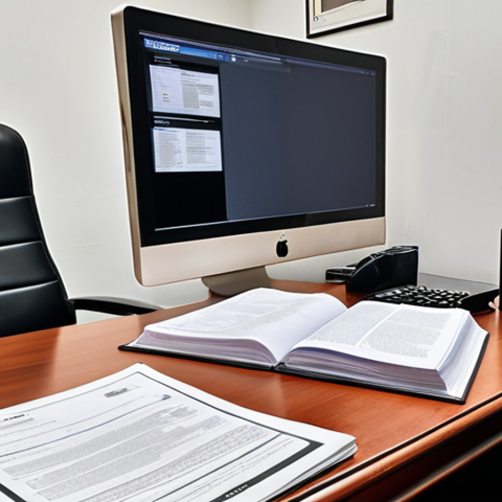 **Image Prompt:** A lawyer's office in Madrid. Focus on a well-organized desk with legal documents, a Spanish law book visible, and a computer screen displaying the GDPR compliance regulations. The atmosphere should convey professionalism and trust.