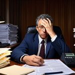 ** A cluttered lawyer's desk overflowing with legal documents, contracts, and files. A stressed lawyer is working late at night, illuminated by the glow of a computer screen. The scene emphasizes the chaos and overwhelming workload common in the legal profession, highlighting the need for organization and time management.
2.  **
