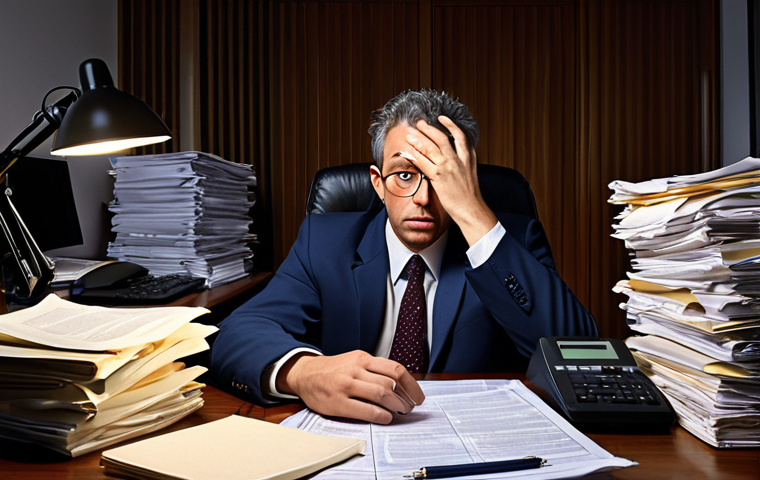 ** A cluttered lawyer's desk overflowing with legal documents, contracts, and files. A stressed lawyer is working late at night, illuminated by the glow of a computer screen. The scene emphasizes the chaos and overwhelming workload common in the legal profession, highlighting the need for organization and time management.
2. **
