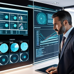 "A modern lawyer in a sleek office, analyzing complex cybersecurity data on a holographic display. Emphasize the combination of legal expertise and technological prowess. The lawyer should appear confident and forward-thinking. Spanish legal setting."