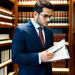A professional legal advisor, fully clothed in a modest business suit, intently focused on legal documents and a high-resolution display in a modern, well-lit legal library. The room is surrounded by shelves of organized law books and sleek digital interfaces, emphasizing the depth and complexity of legal research. Appropriate attire, safe for work, professional, perfect anatomy, correct proportions, natural pose, well-formed hands, proper finger count, natural body proportions, high quality, realistic photography.