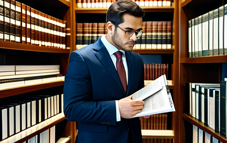 A professional legal advisor, fully clothed in a modest business suit, intently focused on legal documents and a high-resolution display in a modern, well-lit legal library. The room is surrounded by shelves of organized law books and sleek digital interfaces, emphasizing the depth and complexity of legal research. Appropriate attire, safe for work, professional, perfect anatomy, correct proportions, natural pose, well-formed hands, proper finger count, natural body proportions, high quality, realistic photography.