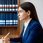 A thoughtful female legal professional in a modest, dark blue business suit, fully clothed, appropriate attire, sitting at a polished wooden desk in a contemporary, well-lit law office. Her gaze is focused, reflecting deep empathy and analytical thought, bridging abstract legal theory with complex real-world cases. The background features blurred shelves of legal books juxtaposed with a modern tablet displaying a subtle legal document. Professional photography, natural pose, perfect anatomy, correct proportions, well-formed hands, proper finger count, natural body proportions. Safe for work, appropriate content, family-friendly.