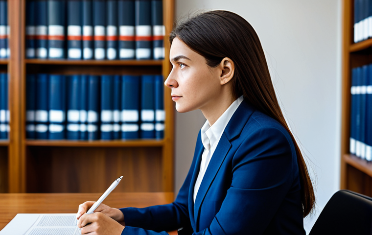 A thoughtful female legal professional in a modest, dark blue business suit, fully clothed, appropriate attire, sitting at a polished wooden desk in a contemporary, well-lit law office. Her gaze is focused, reflecting deep empathy and analytical thought, bridging abstract legal theory with complex real-world cases. The background features blurred shelves of legal books juxtaposed with a modern tablet displaying a subtle legal document. Professional photography, natural pose, perfect anatomy, correct proportions, well-formed hands, proper finger count, natural body proportions. Safe for work, appropriate content, family-friendly.