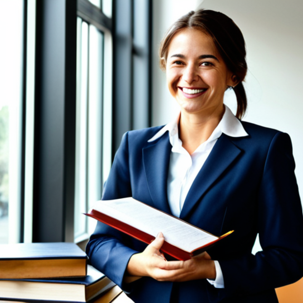 **

"A successful Abogada in a modern office. She wears a stylish, modest business suit, fully clothed and professional. Sunlight streams through the window, highlighting diplomas and law books. She smiles confidently. Perfect anatomy, natural pose, well-formed hands, proper finger count. Safe for work, contenido apropiado, fully clothed, profesional."

**