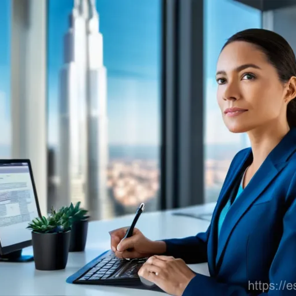 법률자문가의 커리어 설계 - **Prompt:** "A confident female lawyer in her late 30s, wearing a stylish, modern navy pantsuit, sit...