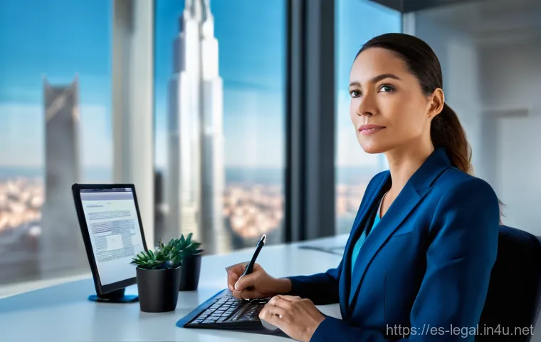 법률자문가의 커리어 설계 - **Prompt:** "A confident female lawyer in her late 30s, wearing a stylish, modern navy pantsuit, sit...