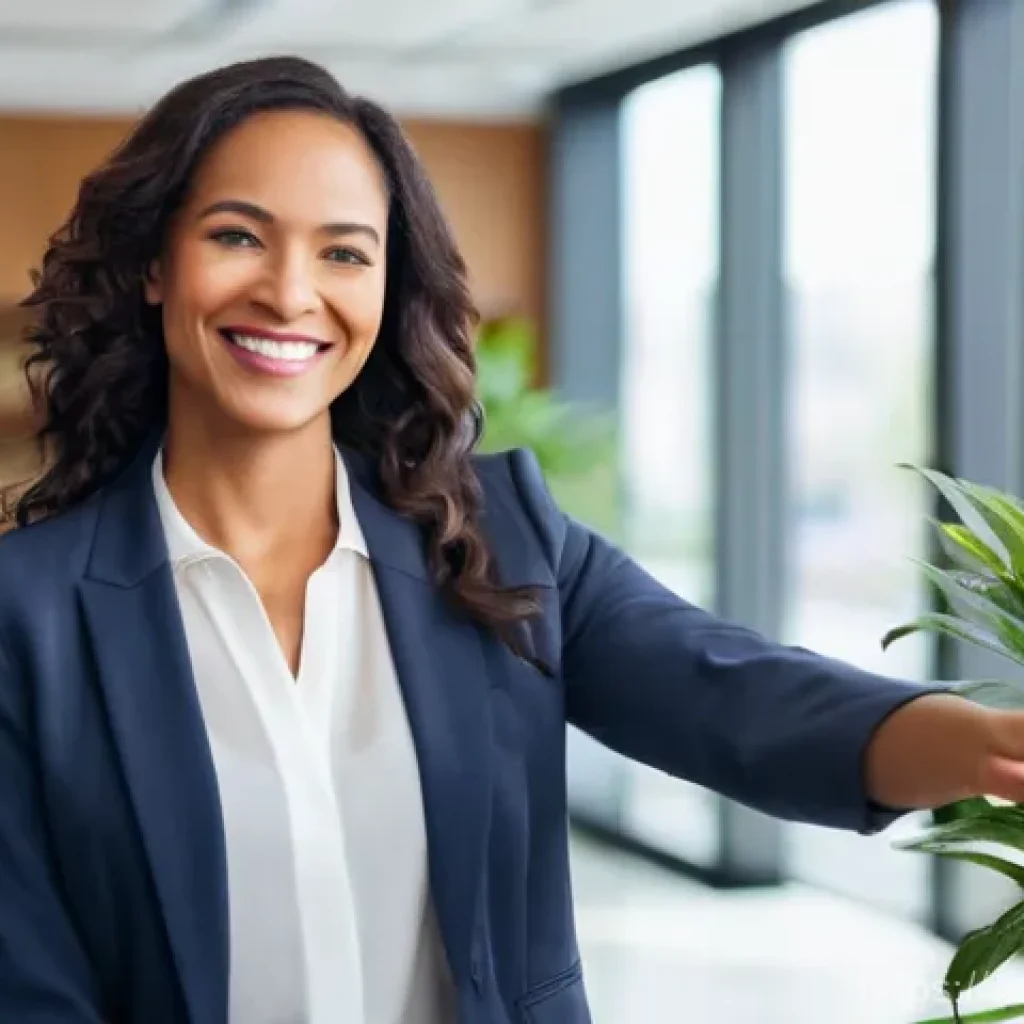 법률 자문가의 의뢰자 대응 매뉴얼 - **Prompt:** A diverse female lawyer, in her late 30s, with a warm, approachable smile, extends her h...