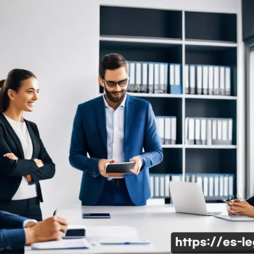 법률 자문가 업무 분담 - A modern Spanish law office interior during a collaborative meeting: a diverse team of professional ...