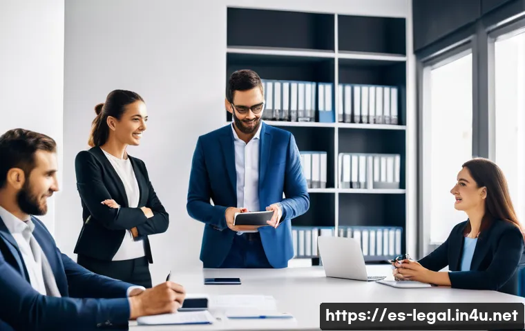 법률 자문가 업무 분담 - A modern Spanish law office interior during a collaborative meeting: a diverse team of professional ...