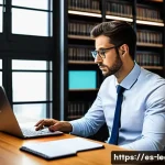 법률 자문가의 직무 역량 강화 - A modern legal office scene in Madrid, Spain, featuring a professional lawyer attentively reviewing ...