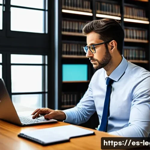 Home 31 법률 자문가의 직무 역량 강화 - A modern legal office scene in Madrid, Spain, featuring a professional lawyer attentively reviewing ...