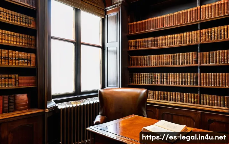 법률 실무를 위한 필수 도서 목록 - A sophisticated law library scene showcasing classic legal reference books on civil and criminal law...