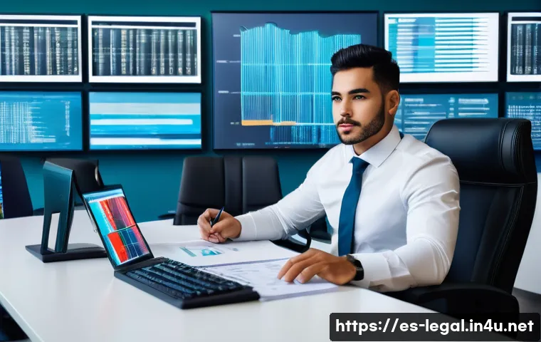 법률 전문가로서의 이직 전략 - A modern law office scene focused on a young Hispanic lawyer specializing in technology law. The law...