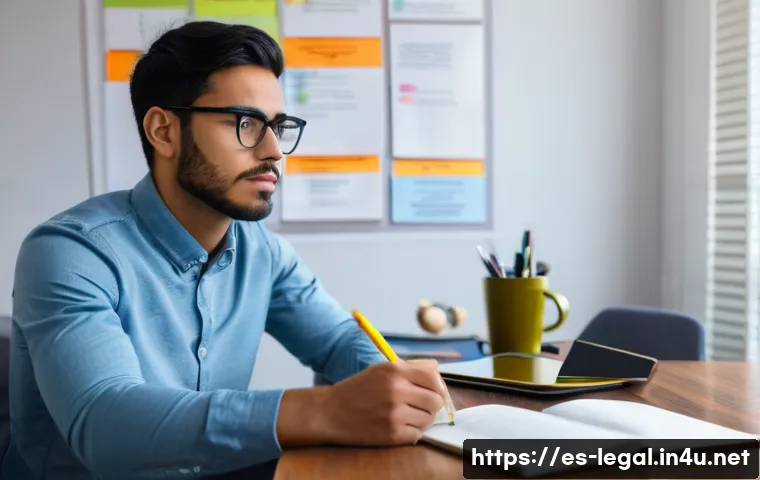 법률 실기 시험 준비 - A focused young Hispanic law student sitting at a wooden desk in a cozy, well-lit study room, surrou...