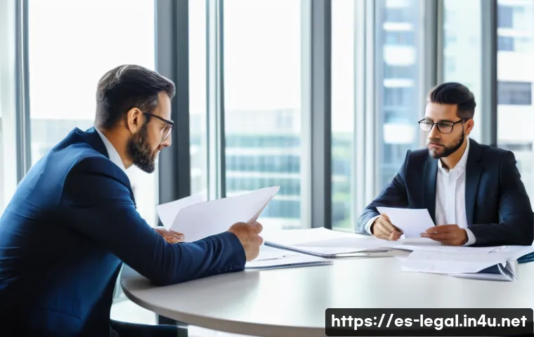 법률 자문가의 비즈니스 계약 자문 - A professional business meeting scene in a modern office with diverse Spanish-speaking professionals...