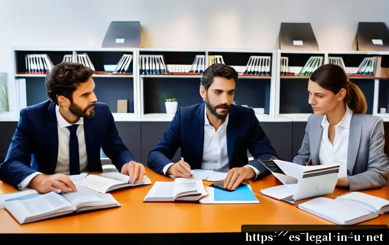 법률 자문가의 직무 만족도 조사 - A modern legal office scene in Madrid, Spain, showing a diverse group of legal consultants working i...