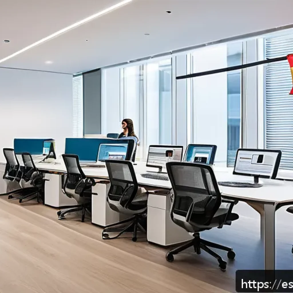 법률 자문가의 일하는 방식 - A modern Spanish law office with diverse lawyers using digital devices like laptops and tablets, rev...