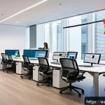 Home 22 법률 자문가의 일하는 방식 - A modern Spanish law office with diverse lawyers using digital devices like laptops and tablets, rev...