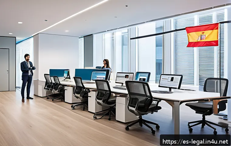 법률 자문가의 일하는 방식 - A modern Spanish law office with diverse lawyers using digital devices like laptops and tablets, rev...