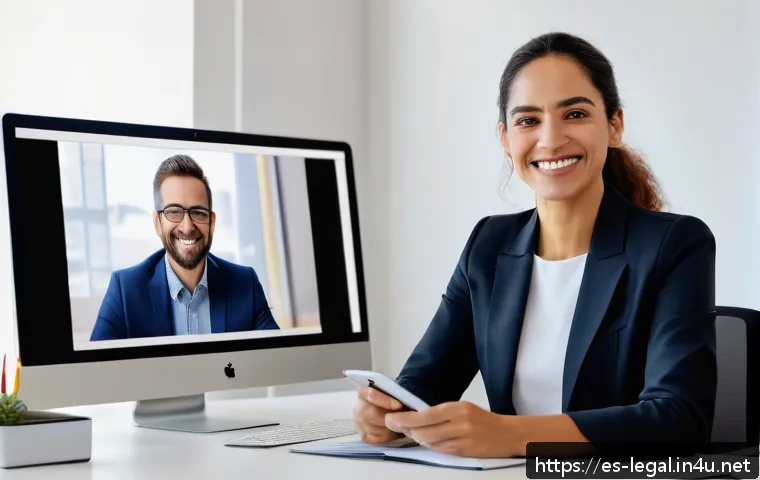 법률 자문가의 사후관리 전략 - A professional legal advisor in a modern office setting, engaged in a warm and personalized video ca...