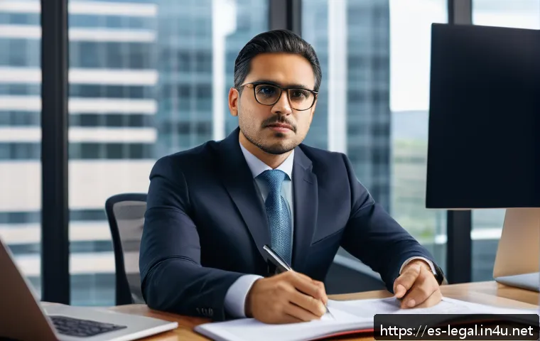 법률자문가의 핵심 업무 역량 - A professional Spanish-speaking legal advisor in a modern office setting, deeply analyzing complex l...