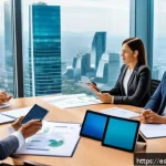 Home 23 법률 자문가의 법률업무 - A modern corporate office scene in Mexico City, featuring a diverse group of professional legal advi...