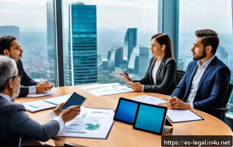 법률 자문가의 법률업무 - A modern corporate office scene in Mexico City, featuring a diverse group of professional legal advi...