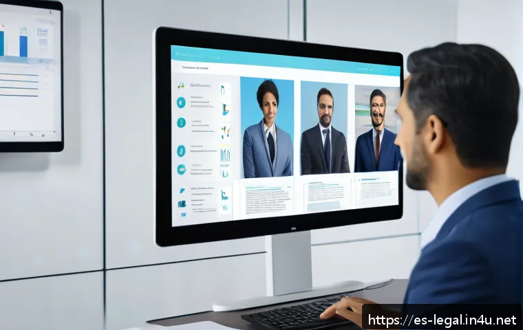 법률 자문가의 직무 효율화 전략 - A modern legal office scene showing a professional Hispanic lawyer interacting with a sleek digital ...
