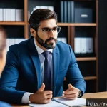 법률 자문가의 실무 개발 방법 - A professional Spanish-speaking lawyer attentively listening to a client in a modern office setting,...