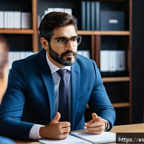 법률 자문가의 실무 개발 방법 - A professional Spanish-speaking lawyer attentively listening to a client in a modern office setting,...