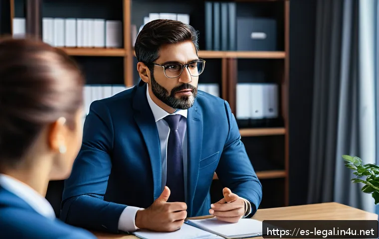 법률 자문가의 실무 개발 방법 - A professional Spanish-speaking lawyer attentively listening to a client in a modern office setting,...