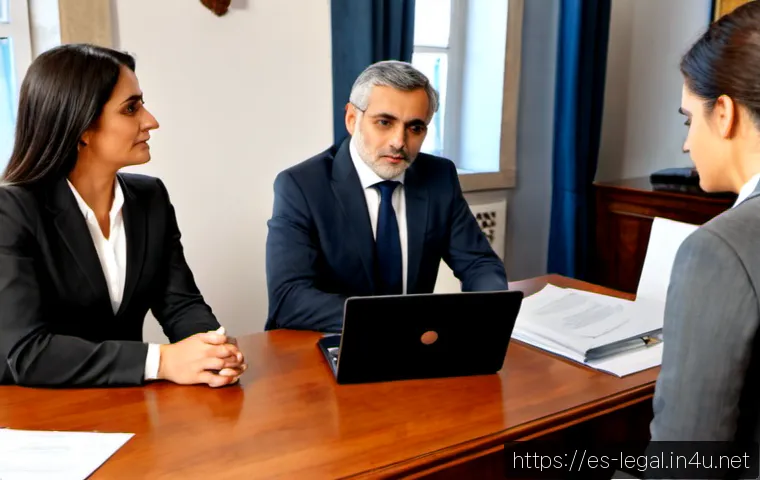 법률 자문가의 법적 해결책 - Photorealistic legal consultation in a contemporary Spanish law office, a compassionate middle-aged ...