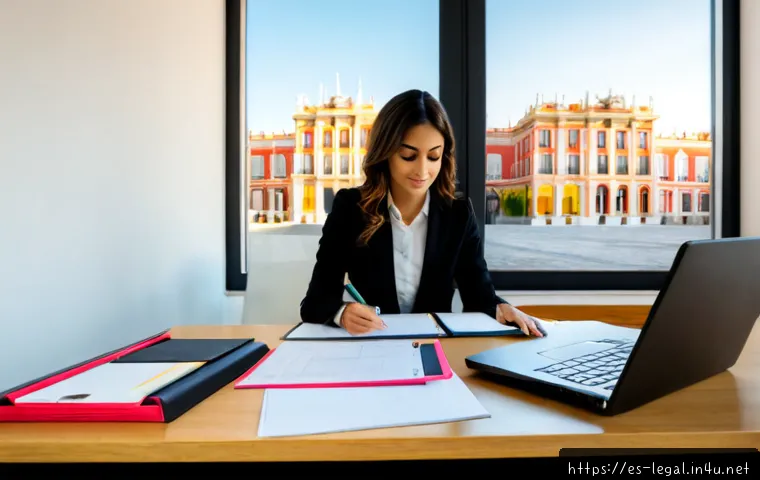 법률 자문가의 법적 서식 관리법 - Photorealistic legal consultant in a neat modern office in Madrid, carefully organizing blank legal ...